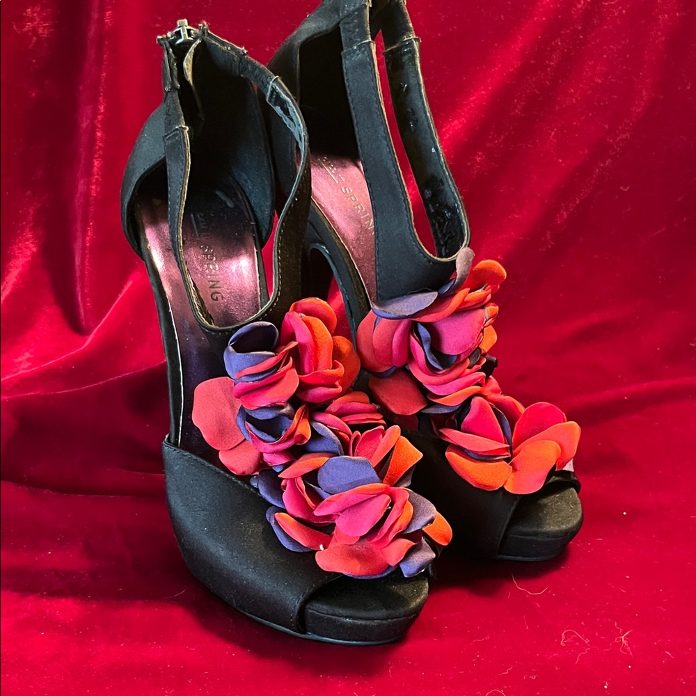 Call It Spring Black Party Heels with Vibrant Floral Design